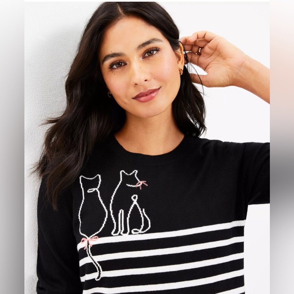 Loft Striped Cat Embroidered Graphic Crewneck Black Sweater Women’s Size S NWT - Picture 2 of 10